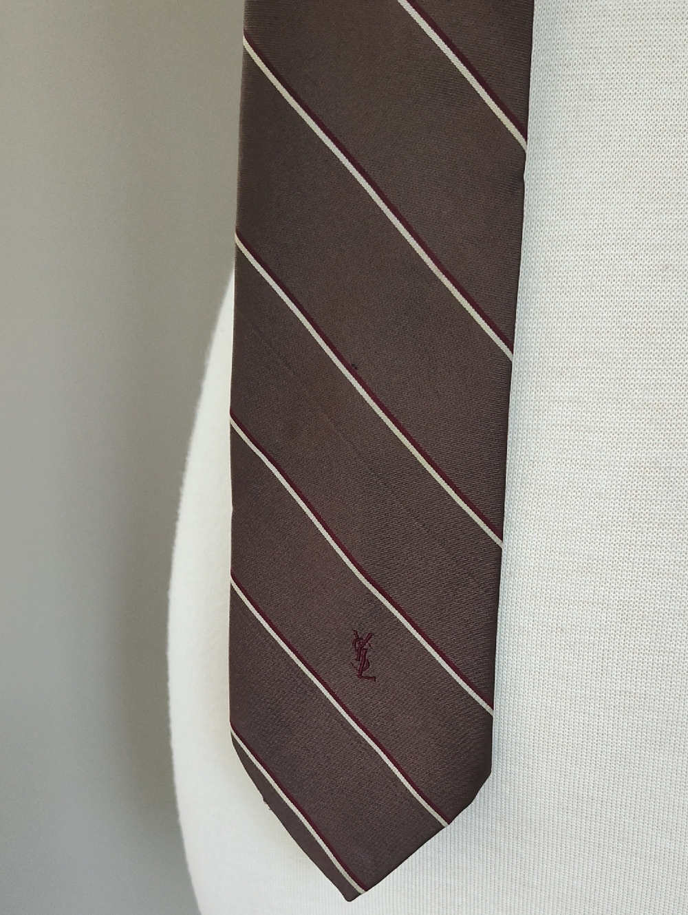 Yves Saint Laurent Vintage Men's Brown Stripe Silk Tie with Burgundy Pinstripes
